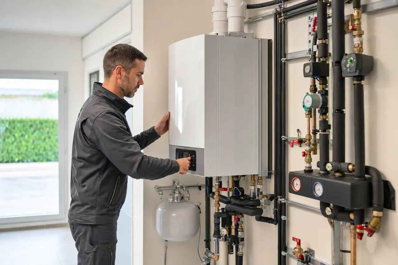 Technicien mettant en service une chaudière moderne