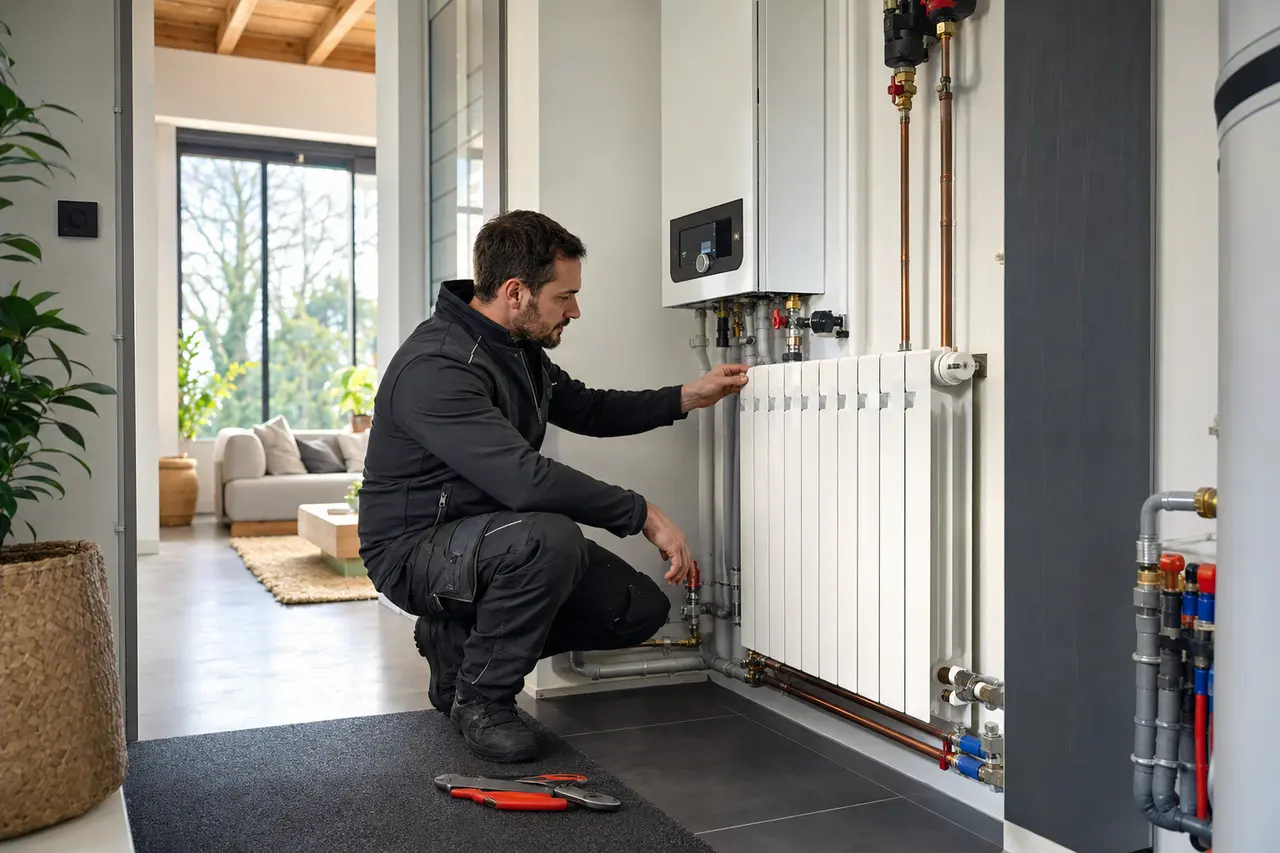 Technicien PARIS BAT contrôlant une installation de chauffage résidentielle