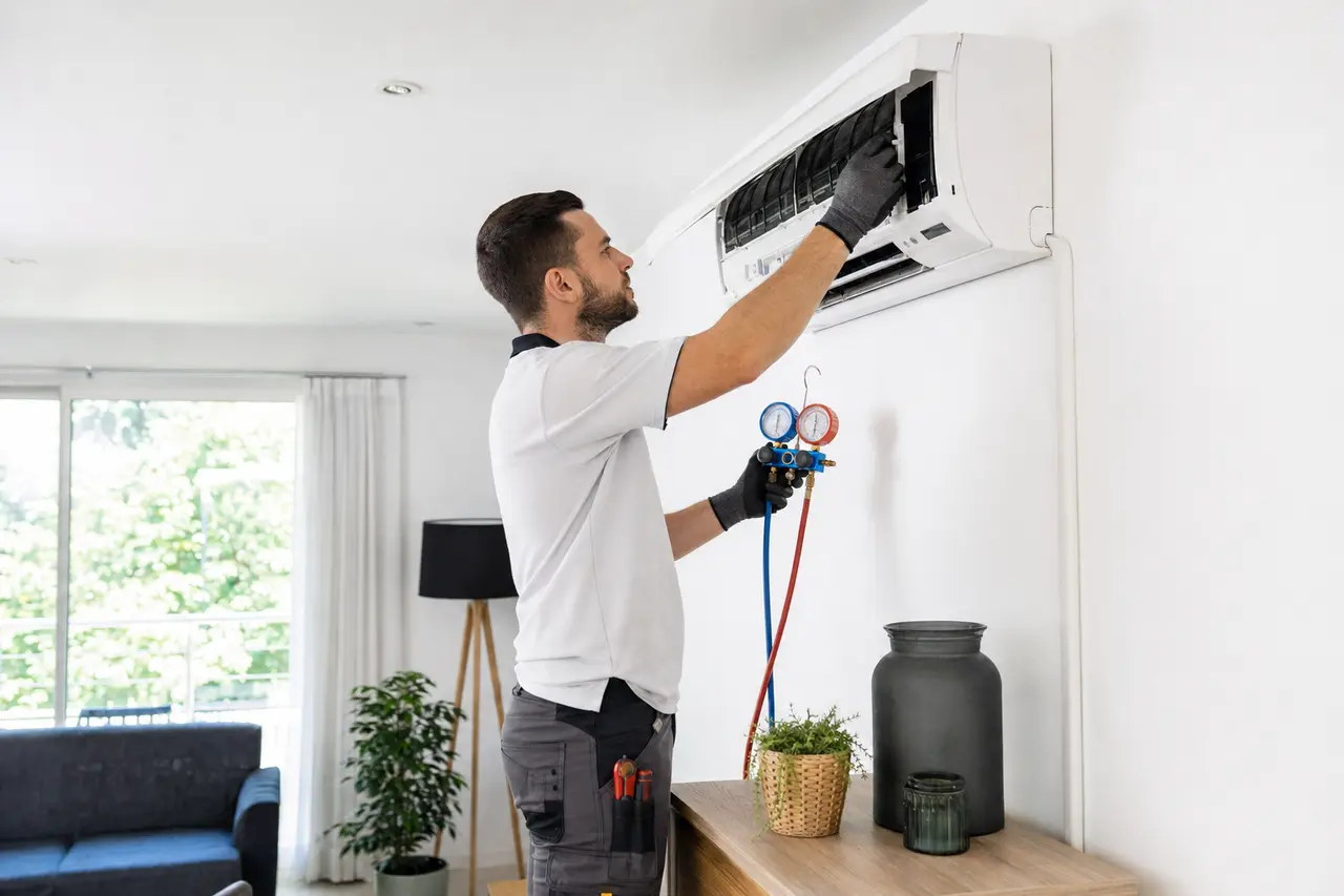 Technicien entretenant un climatiseur mural